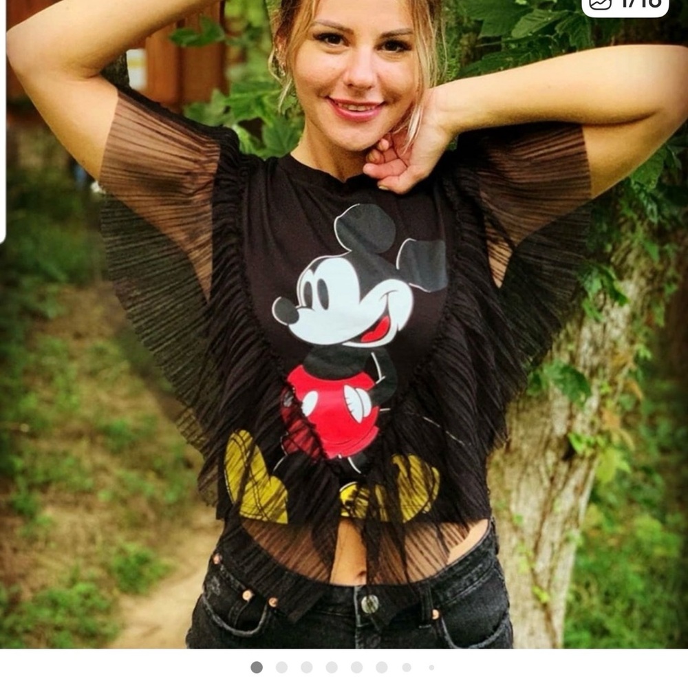 Zara Black Sheer Ruffle Sleeve Mickey Graphic Top